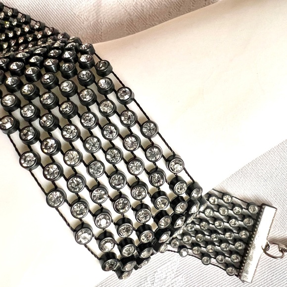 Rhinestones Rows Black mesh Choker Goth intricated lightweight Necklace 12"+2.5" - Picture 5 of 11